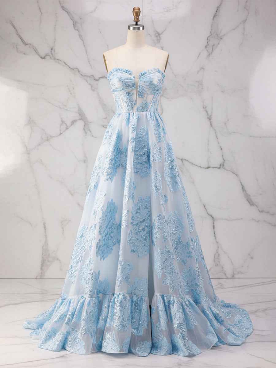 Blue Strapless Textured Corset A-Line Prom Dress