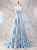Blue Strapless Textured Corset A-Line Prom Dress