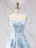 Blue Strapless Textured Corset A-Line Prom Dress