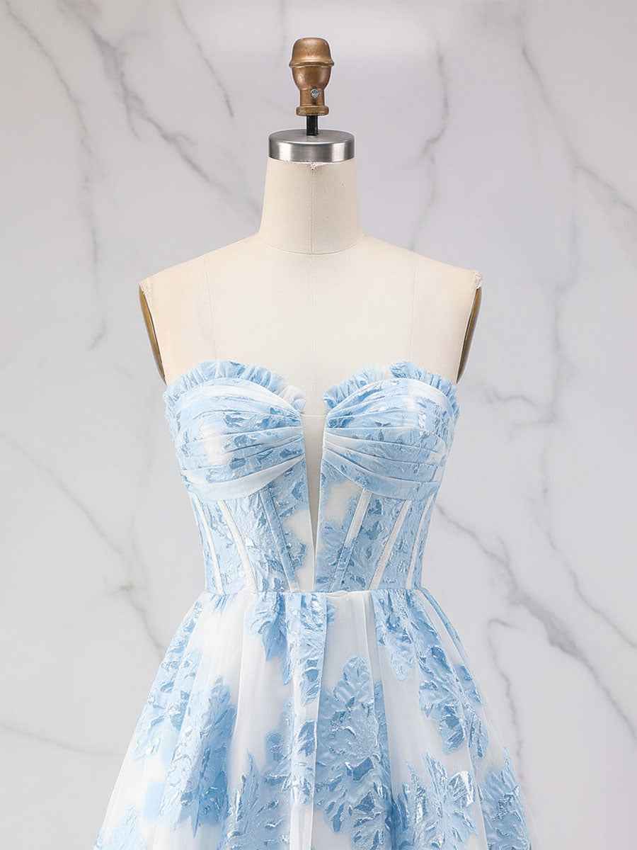 Blue Strapless Textured Corset A-Line Prom Dress