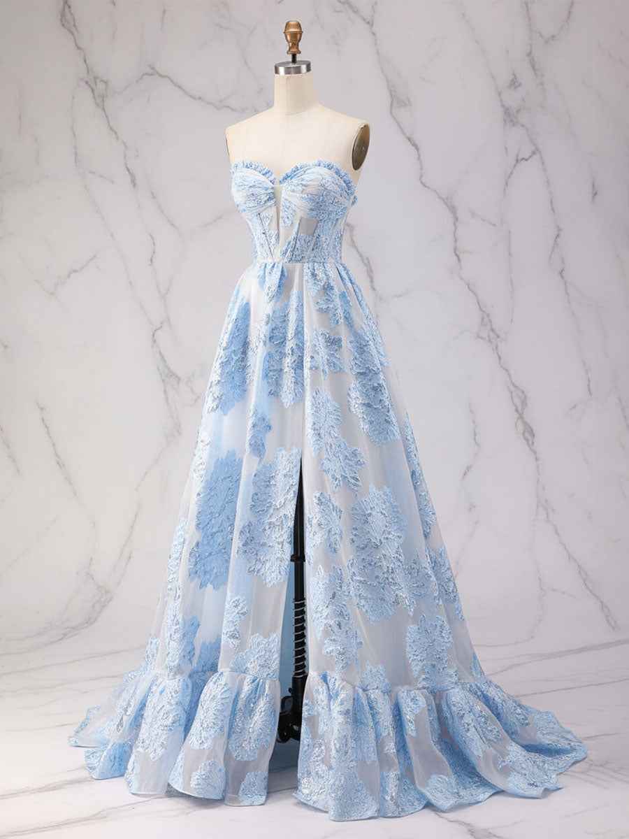 Blue Strapless Textured Corset A-Line Prom Dress