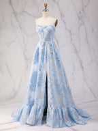 Blue Strapless Textured Corset A-Line Prom Dress