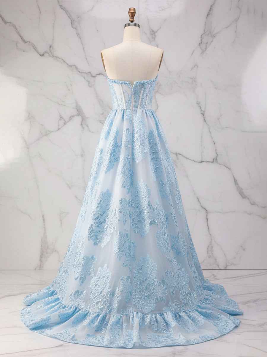 Blue Strapless Textured Corset A-Line Prom Dress