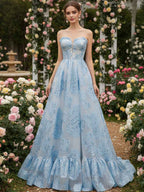 Ice Blue A-Line Strapless Textured Corset Prom Dress