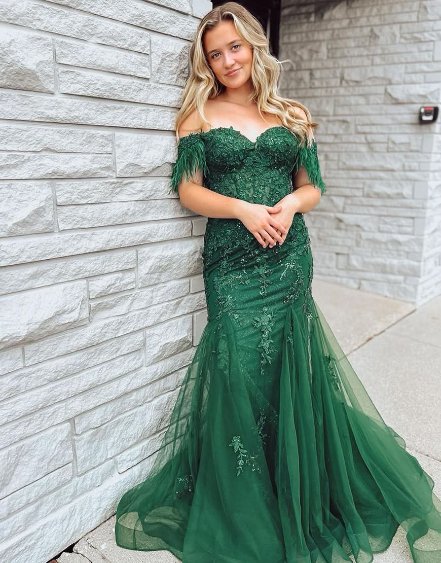 Stunning Dark Green Mermaid Long Corset Prom Dress With Appliques BM bride