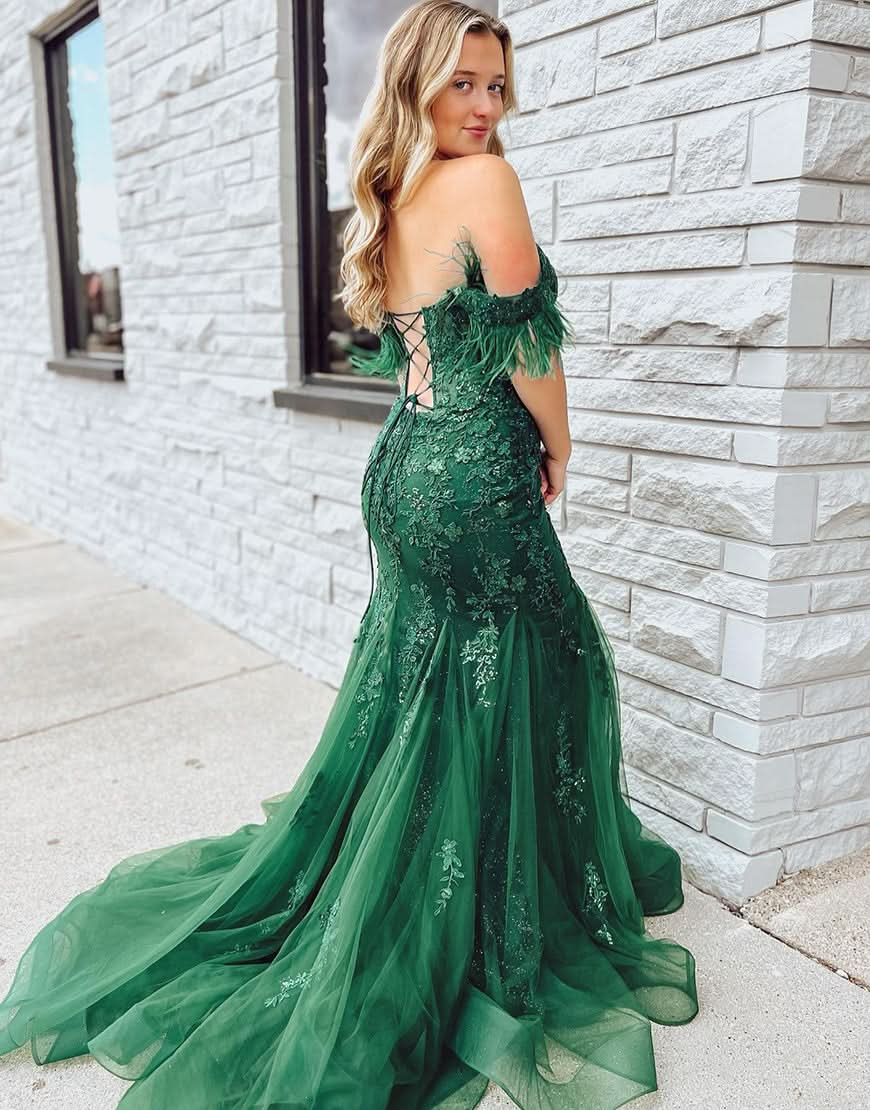 Stunning Dark Green Mermaid Long Corset Prom Dress With Appliques BM bride