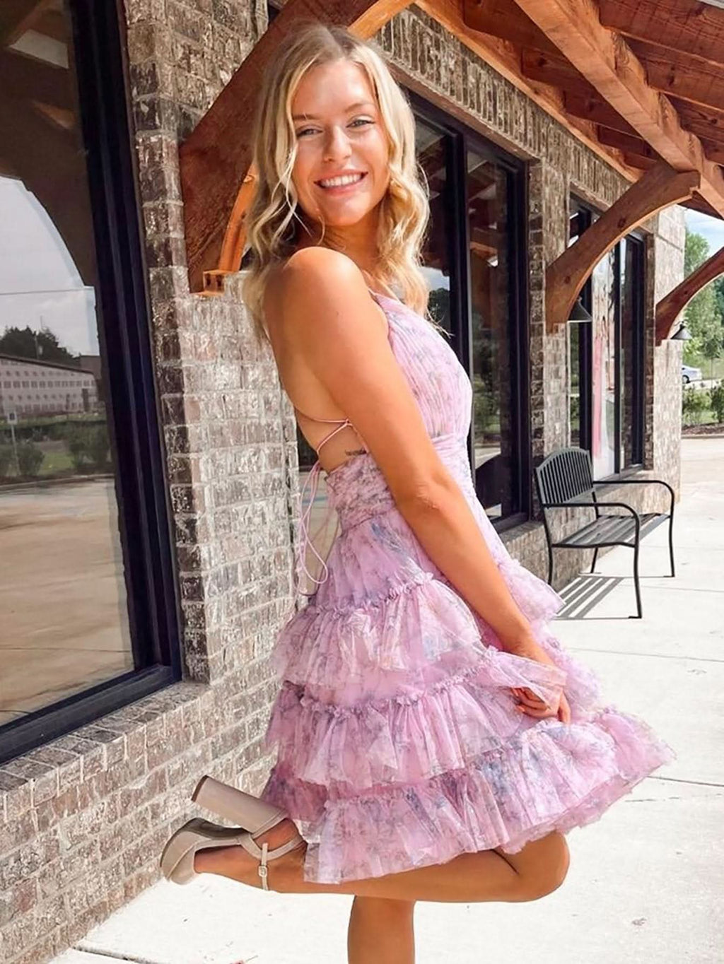 Elegant Printed A-Line V Neck Tiered Homecoming Dress BM bride