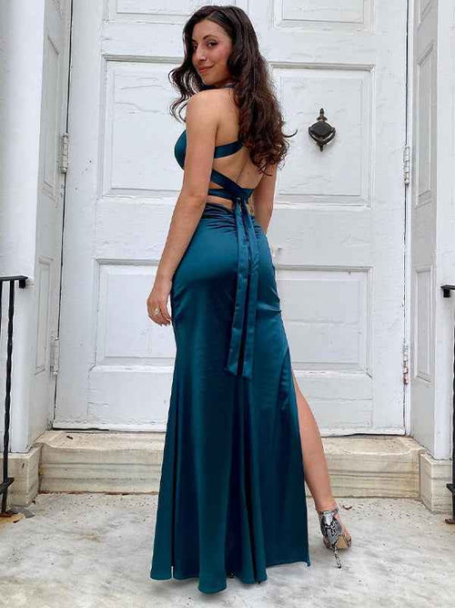 Ink Blue Mermaid V-Neck Criss-Cross Back Long Prom Dress BMBRIDE
