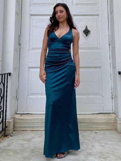 Ink Blue Mermaid V-Neck Criss-Cross Back Long Prom Dress BMBRIDE
