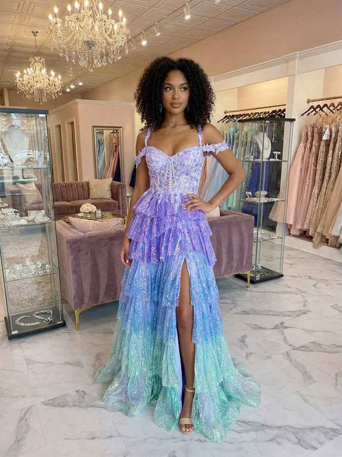 Iridescent Lavender Off-the-Shoulder A-Line Prom Dress with Thigh Slit BMBRIDE