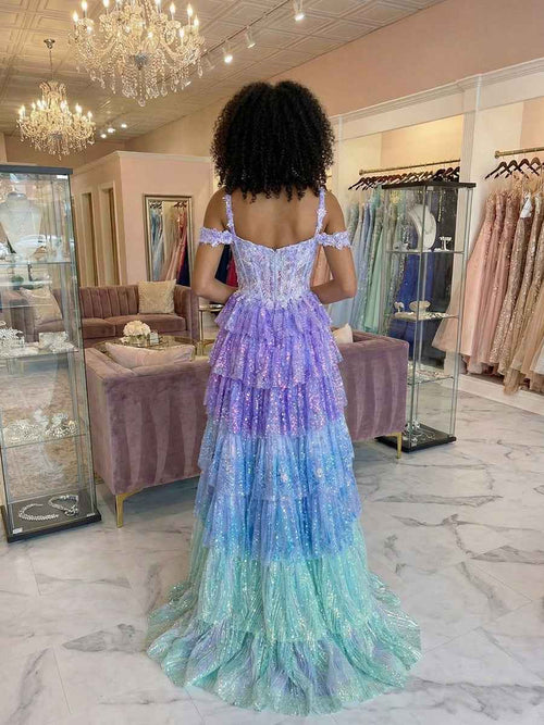Iridescent Lavender Off-the-Shoulder A-Line Prom Dress with Thigh Slit BMBRIDE