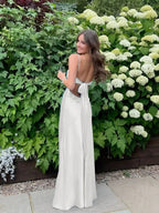 Blue A Line V-neck Beaded Back Tie Long Prom Dress