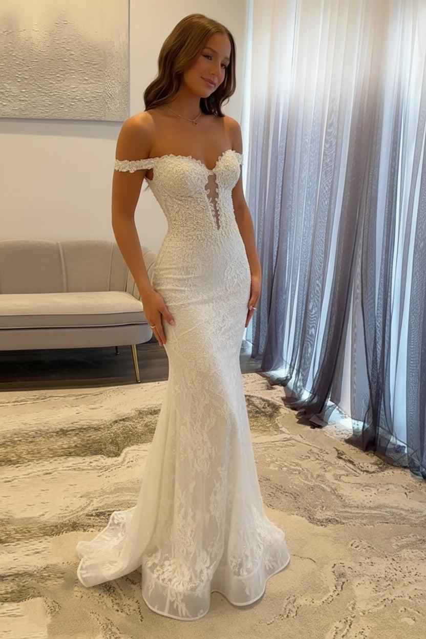 Navy Prom Dress Off The Shoulder Mermaid Long Lace Formal Dress