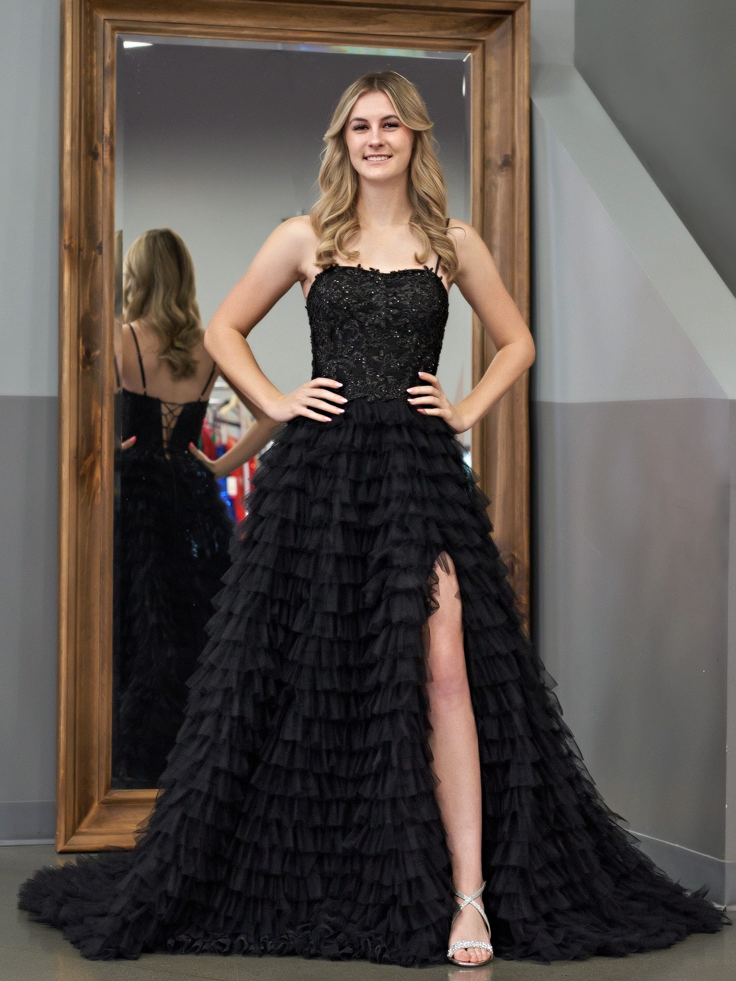 Stylish Black A-Line Tiered Sequins Tulle Long Prom Dress BM bride