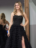 Stylish Black A-Line Tiered Sequins Tulle Long Prom Dress BM bride