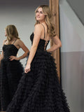 Stylish Black A-Line Tiered Sequins Tulle Long Prom Dress BM bride