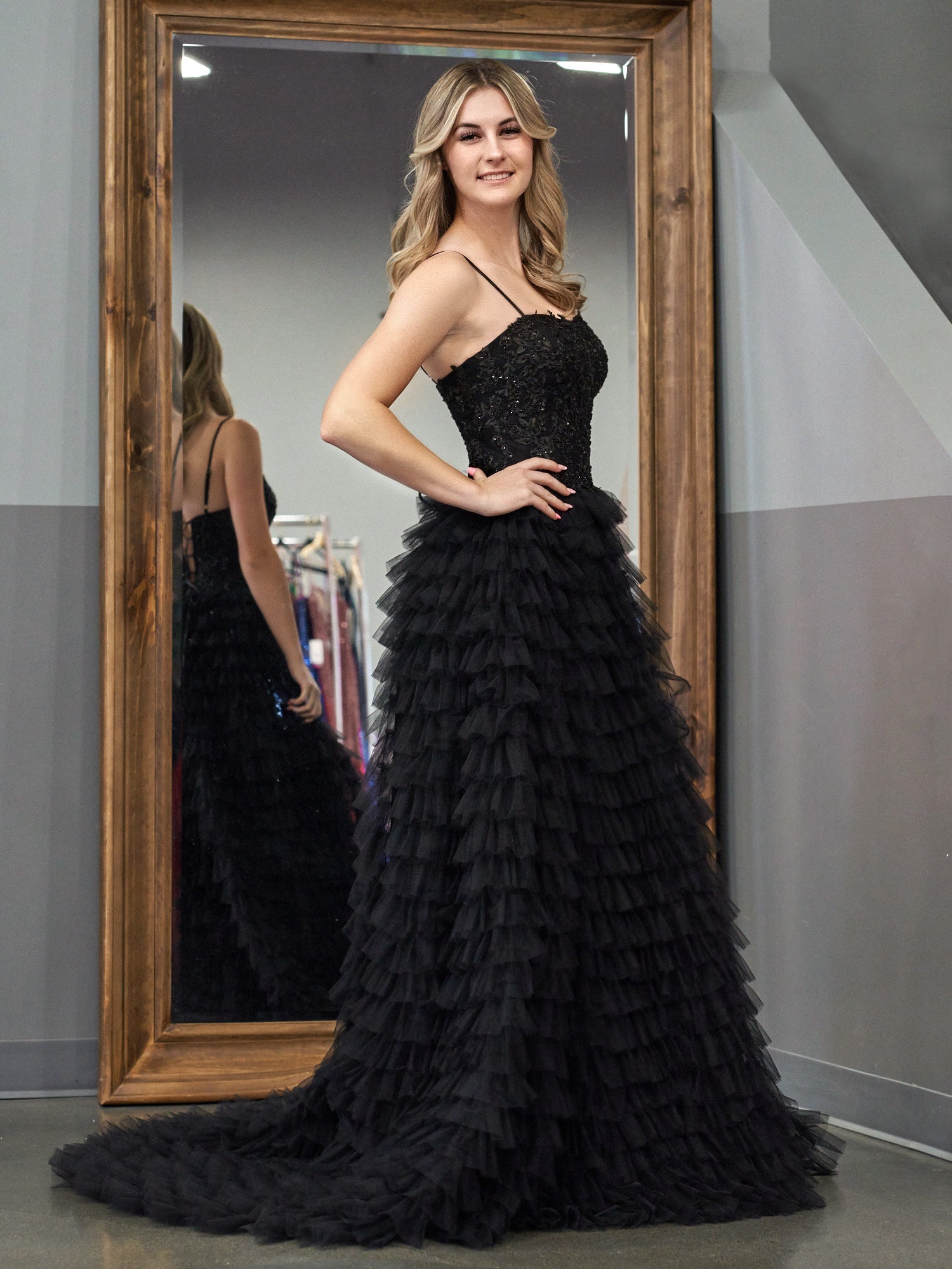 Stylish Black A-Line Tiered Sequins Tulle Long Prom Dress BM bride