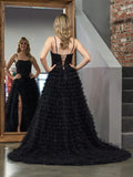 Stylish Black A-Line Tiered Sequins Tulle Long Prom Dress BM bride