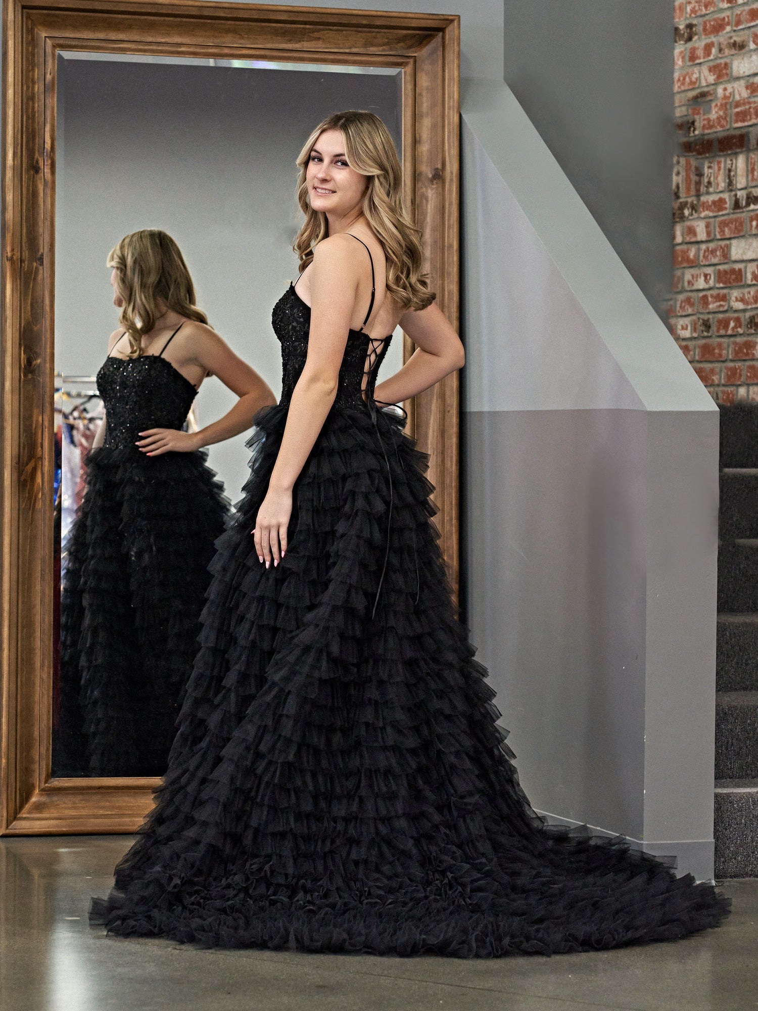 Stylish Black A-Line Tiered Sequins Tulle Long Prom Dress BM bride