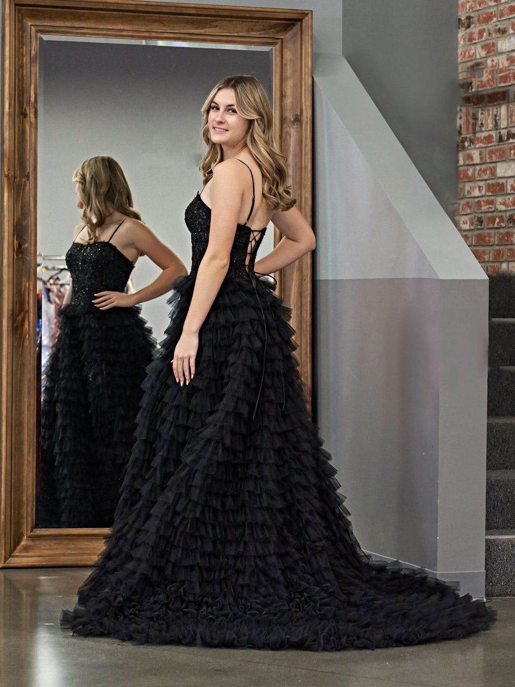 Stylish Black A-Line Tiered Sequins Tulle Long Prom Dress BM bride