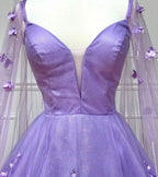 Lovely Lavender 3D Floral Lace A-Line Prom Dress with Cape Sleeves BM bride