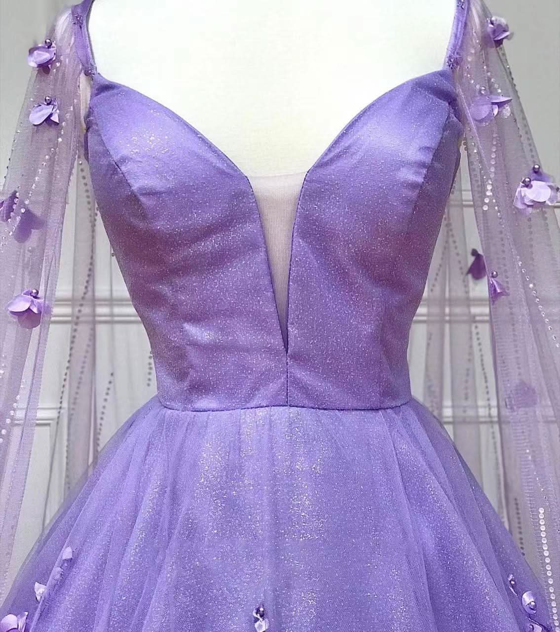 Lovely Lavender 3D Floral Lace A-Line Prom Dress with Cape Sleeves BM bride