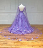 Lovely Lavender 3D Floral Lace A-Line Prom Dress with Cape Sleeves BM bride