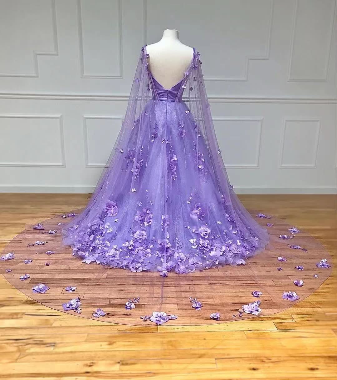 Lovely Lavender 3D Floral Lace A-Line Prom Dress with Cape Sleeves BM bride
