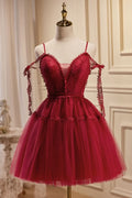 Rebecca |Burgundy A Line V Neck Tulle Homecoming Dress BM bride