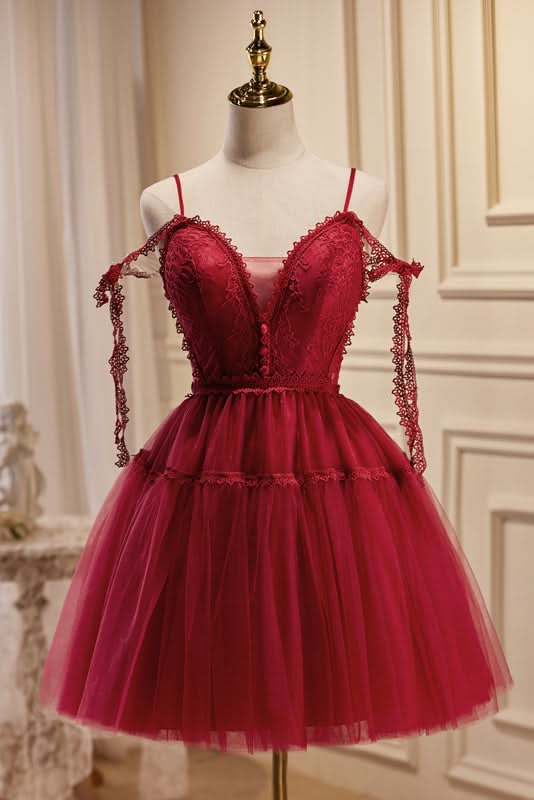 Rebecca |Burgundy A Line V Neck Tulle Homecoming Dress BM bride