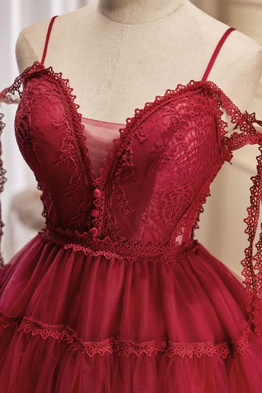 Rebecca |Burgundy A Line V Neck Tulle Homecoming Dress BM bride