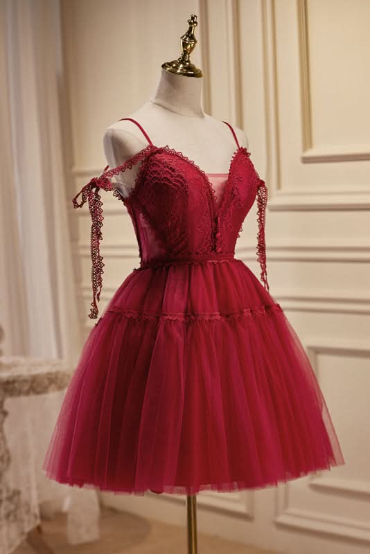 Rebecca |Burgundy A Line V Neck Tulle Homecoming Dress BM bride