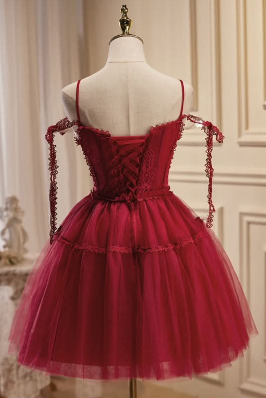 Rebecca |Burgundy A Line V Neck Tulle Homecoming Dress BM bride