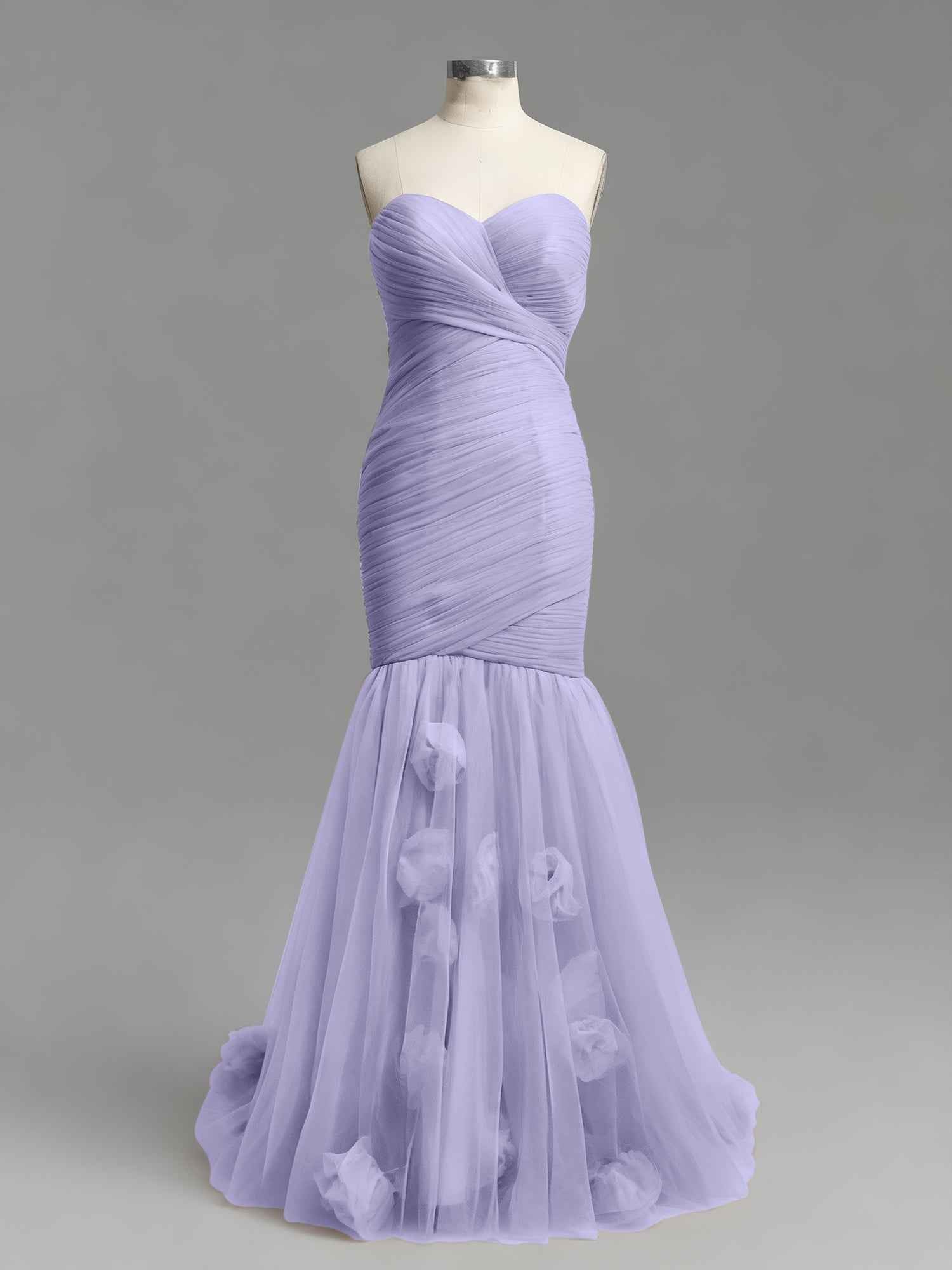 Dusty Rose Mermaid Strapless Ruched Tulle Prom Dress with 3D Floral