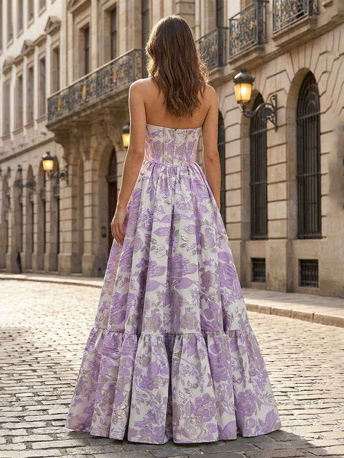 Lavender Floral Brocade Strapless Corset A-Line Prom Dress BMBRIDE