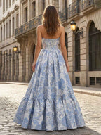 Lavender Floral Brocade Strapless Corset A-Line Prom Dress