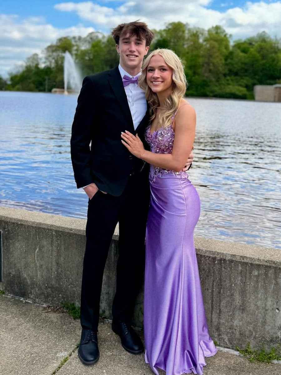Lavender Sheer Floral Appliqu¡§| Corset Satin Prom Dress with High Slit