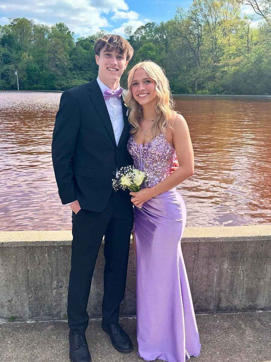 Lavender Sheer Floral Appliqu¡§| Corset Satin Prom Dress with High Slit