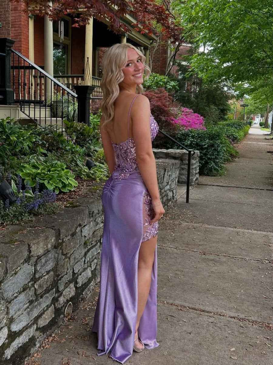 Lavender Sheer Floral Appliqu¡§| Corset Satin Prom Dress with High Slit