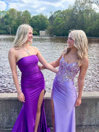 Lavender Sheer Floral Appliqu¡§| Corset Satin Prom Dress with High Slit