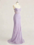 Lavender Spaghetti Strap Corset Long Prom Dress with Slit