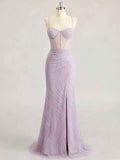 Lavender Spaghetti Strap Corset Long Prom Dress with Slit