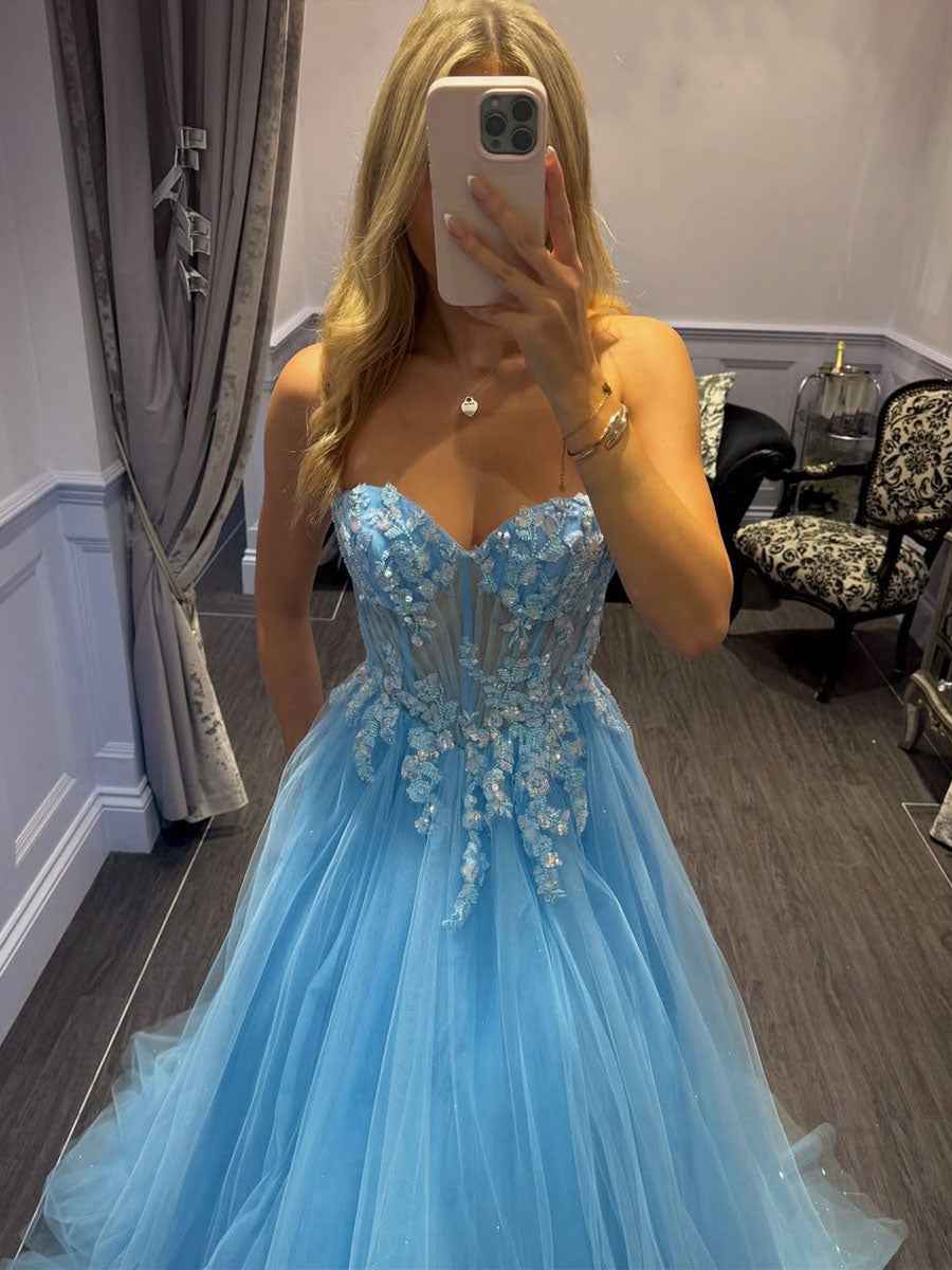 Lavender Sweetheart Corset Tulle Prom Dress with 3D Floral Appliqu¡§|s