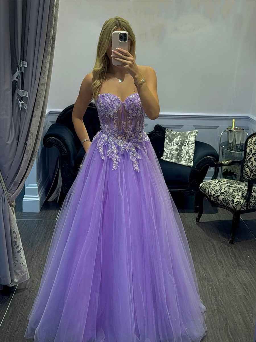Lavender Sweetheart Corset Tulle Prom Dress with 3D Floral Appliqu¡§|s