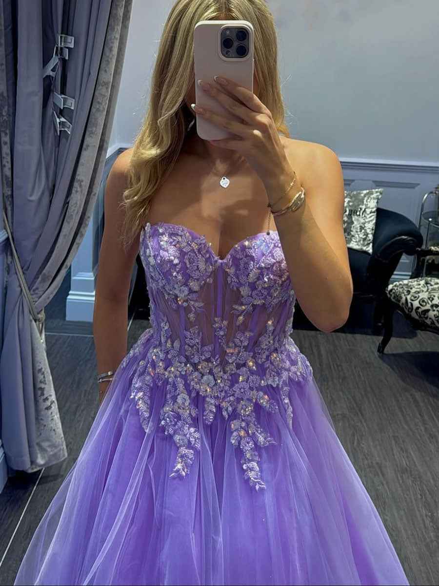 Lavender Sweetheart Corset Tulle Prom Dress with 3D Floral Appliqu¡§|s
