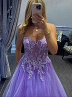 Lavender Sweetheart Corset Tulle Prom Dress with 3D Floral Appliqu¡§|s