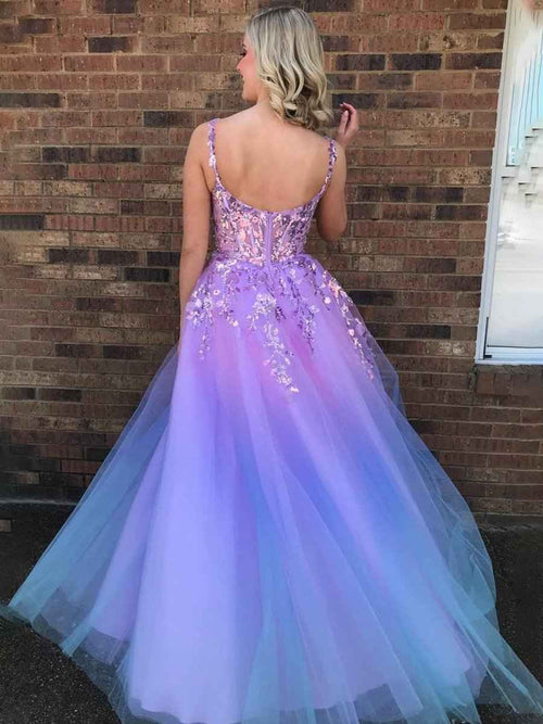 Lavender A-Line Straps Empire-Waist Tulle Prom Dress with Appliques BMBRIDE