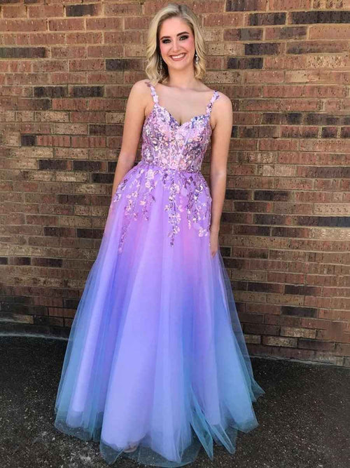 Lavender A-Line Straps Empire-Waist Tulle Prom Dress with Appliques BMBRIDE