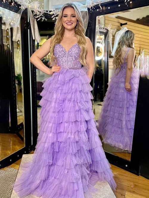 Lavender A Line V-Neck Ruffle Tiered Long Prom Dress with Appliques BMBRIDE