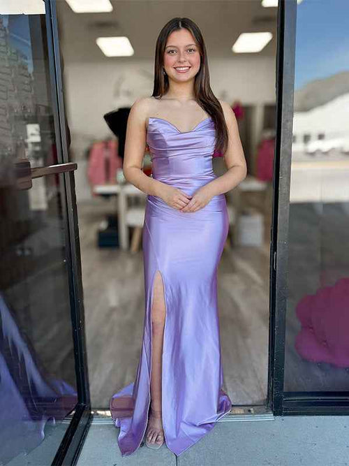 Lavender Mermaid Strapless Ruched Long Prom Dress with High Slit BMBRIDE